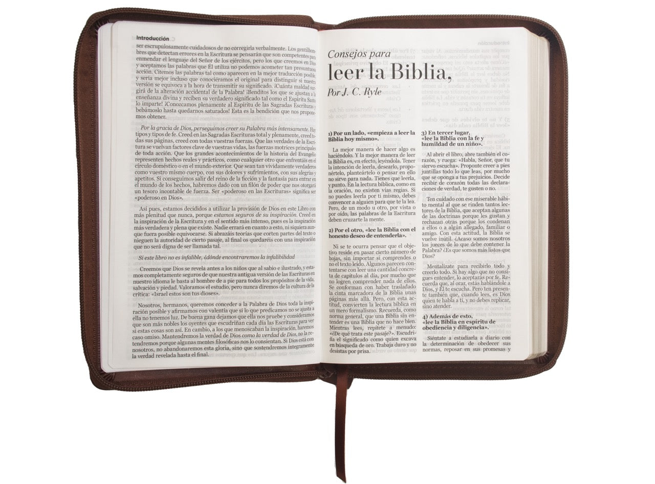 Biblia Reina Valera 1960 · 13,8x21,2 cm · Letra grande 12,5 pt · Con cierre · Edición clásica café
