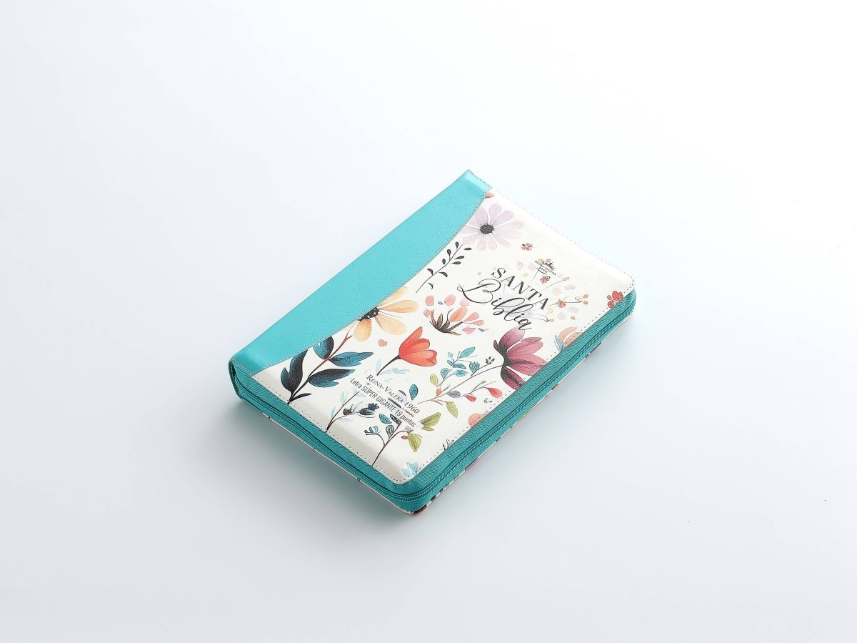 Biblia Reina Valera 1960 – 088 – Con Concordancia – Letra 19 pts – 16x23 cm – Cierre con Índice – Flores Turquesa