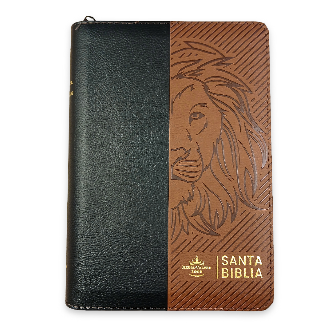 Biblia RVR1960 negro/marrón León, cierre, Letra grande 14 puntos, concordancia, PJR, índice, 22x15 cm