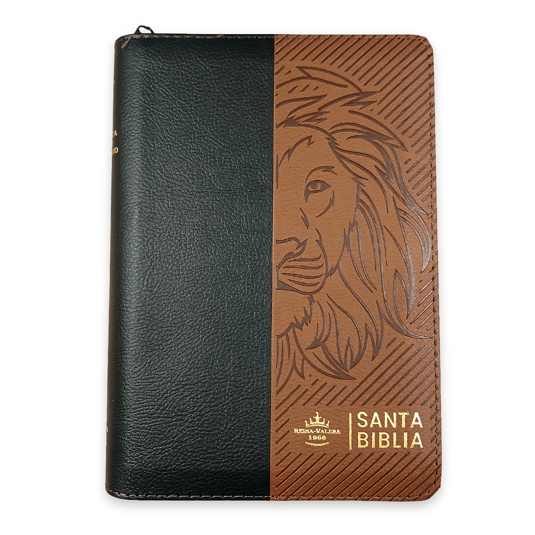 Biblia RVR1960 negro/marrón León, cierre, Letra grande 14 puntos, concordancia, PJR, índice, 22x15 cm