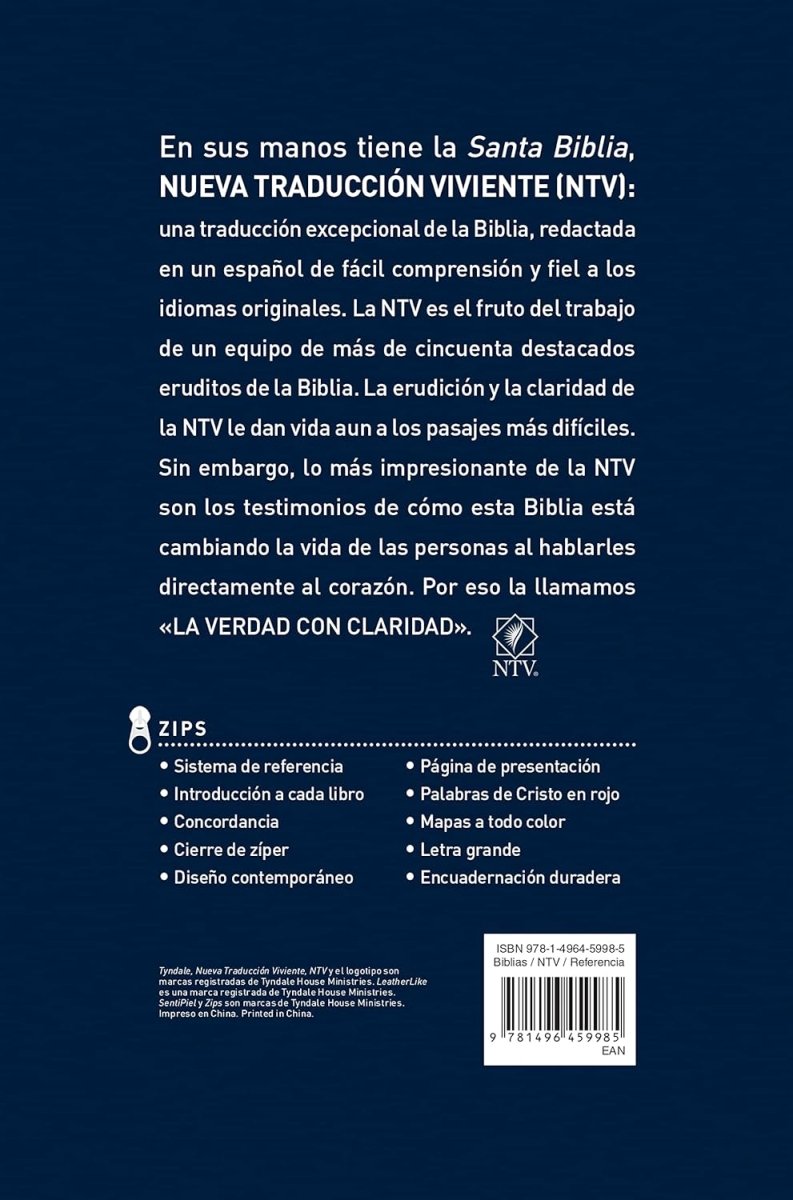 Biblia Nueva Traducción Viviente Letra Compacta PJR Cierre Azul