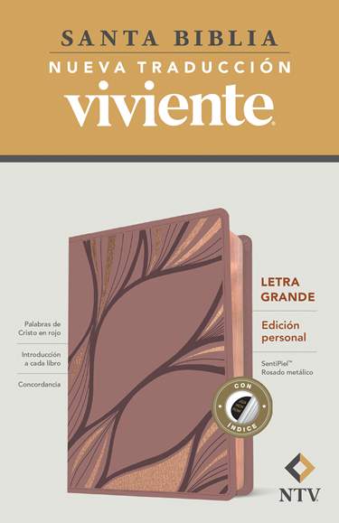 Biblia Nueva Traducción Viviente Letra Mediana PJR Diseño Metálico indice Rosa