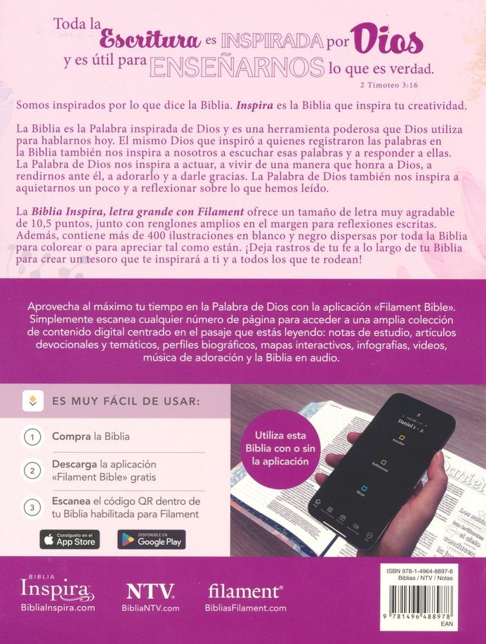 Biblia Nueva Traducción Viviente (NTV) Inspira, Letra 10 Pt, 20×25, Tapa PU, Flores Rosa
