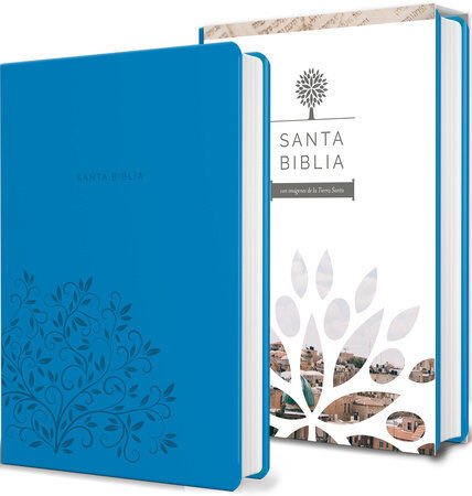 Biblia Reina Valera 1960 Imágenes Tierra Santa – Tapa Imitación Piel Azul Celeste, Letra 10pt, 14x21 cm