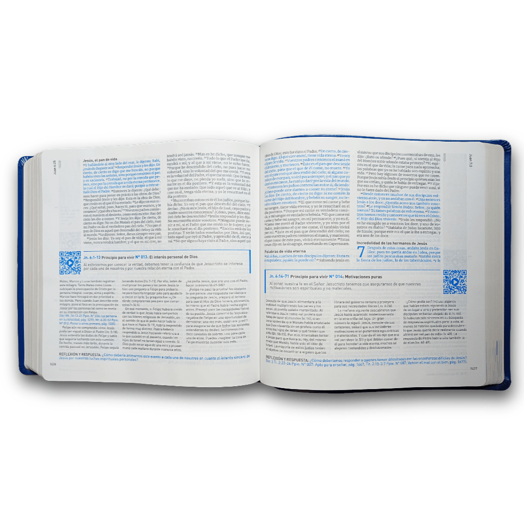 Biblia RVR1960 Principios para vivir QR, Tapa PU Azul, Letra 8 pts, 21x21 cm