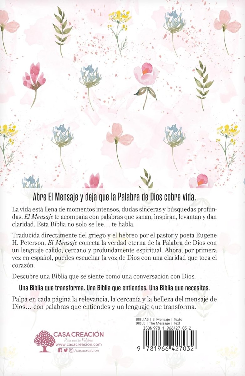 Biblia El Mensaje, Letra 9,5 Pt, 14,5×22, Tapa Dura, Rosa Floral