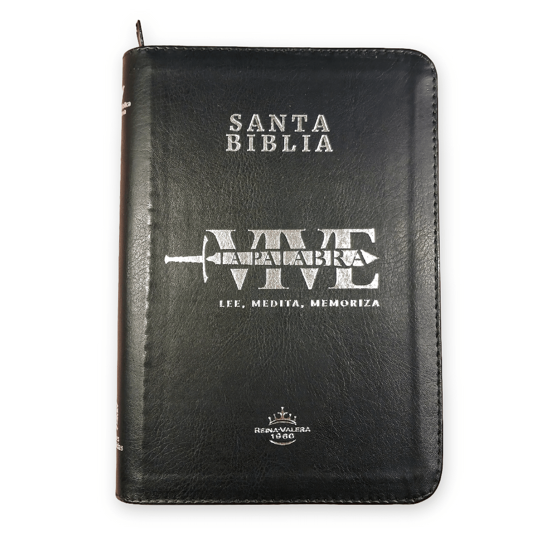 Biblia Reina Valera 1960 Letra Grande 12p con cierre negro canto plateado "Vive"