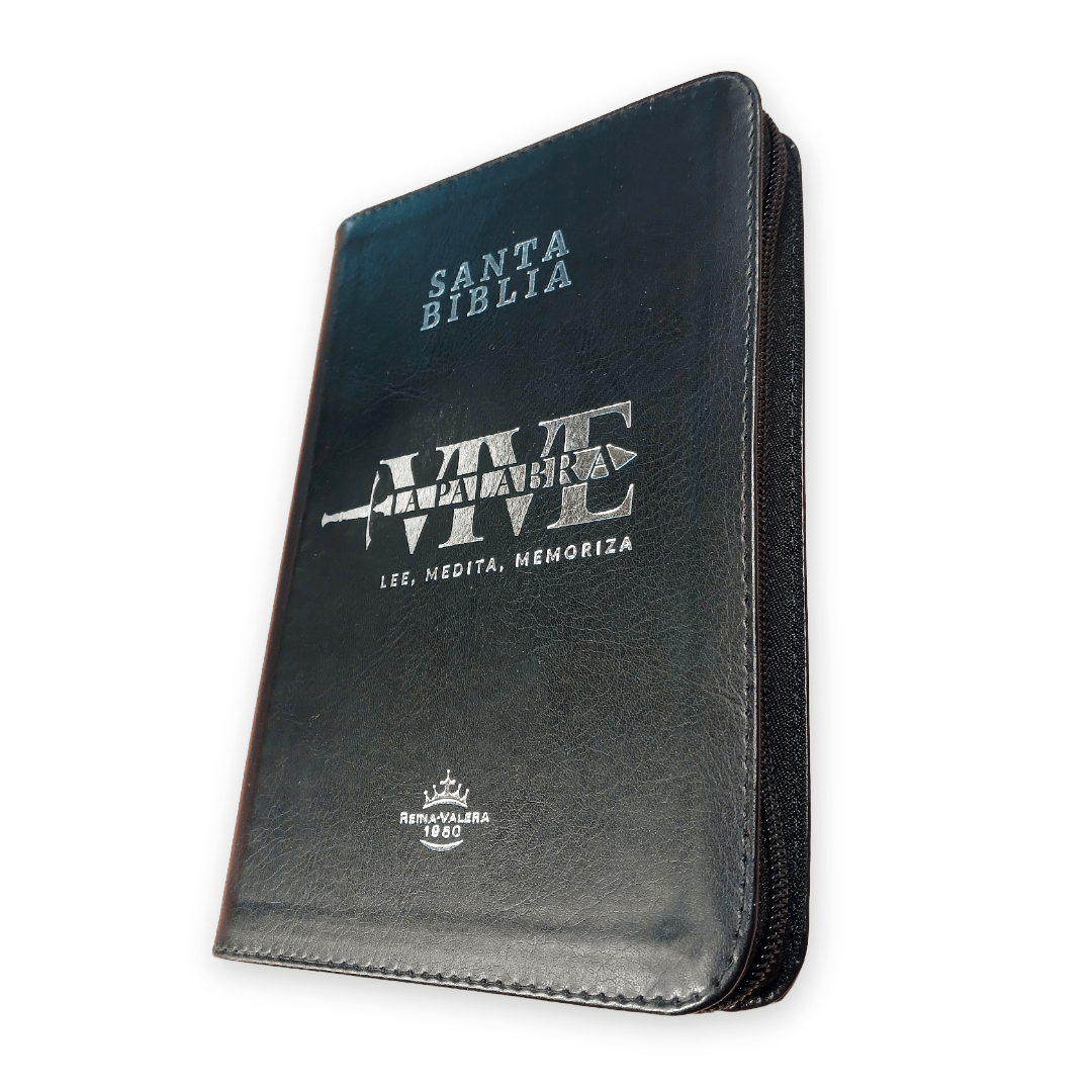 Biblia Reina Valera 1960 Letra Grande 12p con cierre negro canto plateado "Vive"