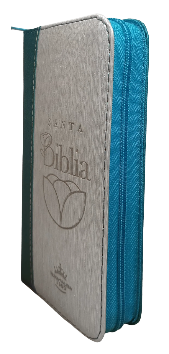 Biblia Reina Valera 1960 con cierre color azul/beige canto plateado