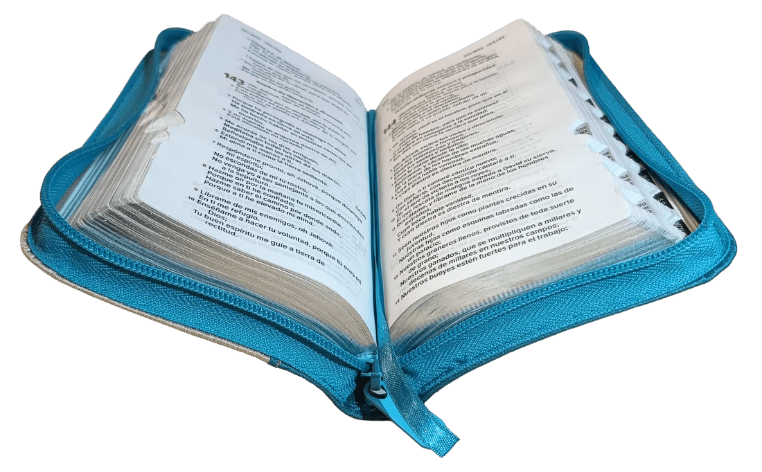 Biblia Reina Valera 1960 con cierre color azul/beige canto plateado