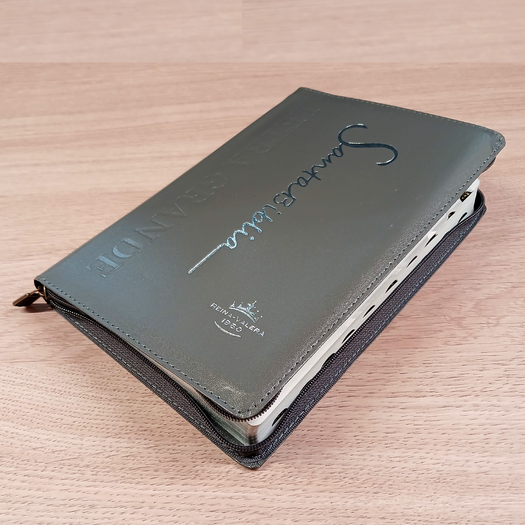 Biblia Reina Valera 1960 – Tapa Imitación Piel Gris, con Cierre, Concordancia, con Índice, Letra 11 Puntos