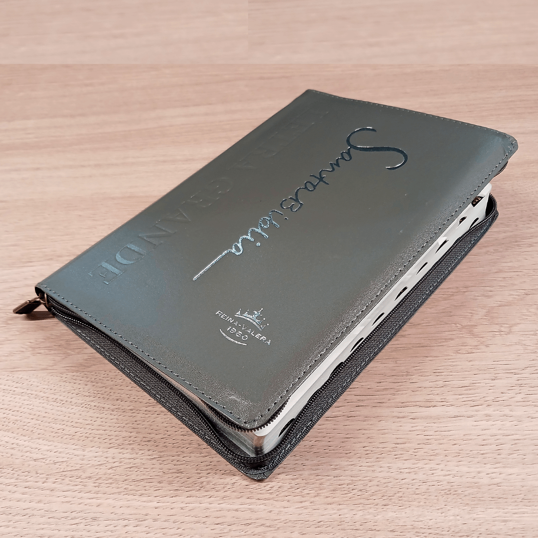 Biblia Reina Valera 1960 – Tapa Imitación Piel Gris, con Cierre, Concordancia, con Índice, Letra 11 Puntos