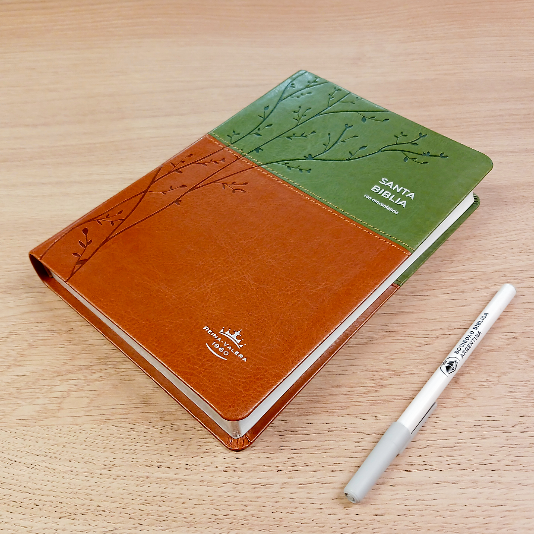 Biblia Reina Valera 1960 – Tapa Imitación Piel Verde y Café, Concordancia, Palabras de Jesús en Rojo, Letra 12 Puntos