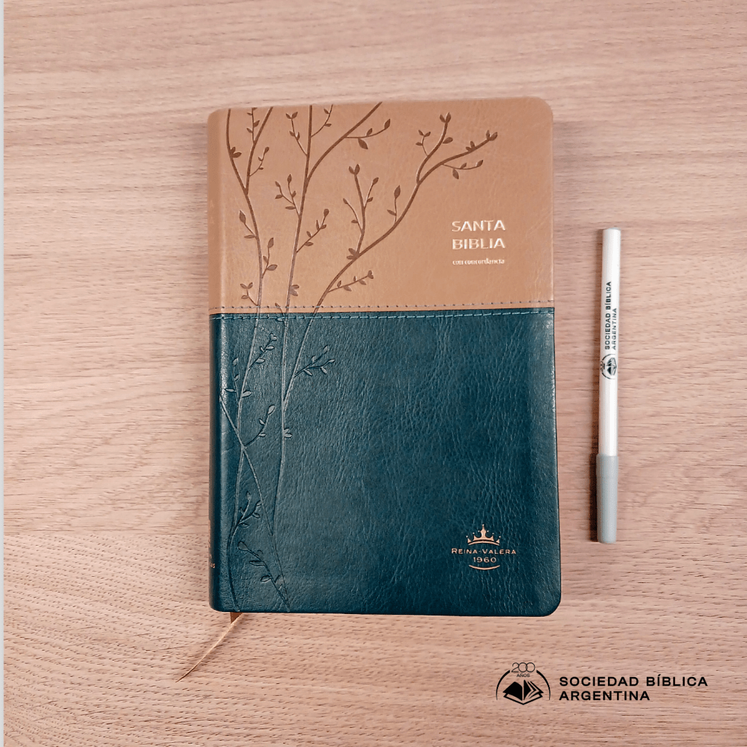 Biblia Reina Valera 1960 – Tapa Imitación Piel Beige y Turquesa, Concordancia, Palabras de Jesús en Rojo, Letra 12 Puntos