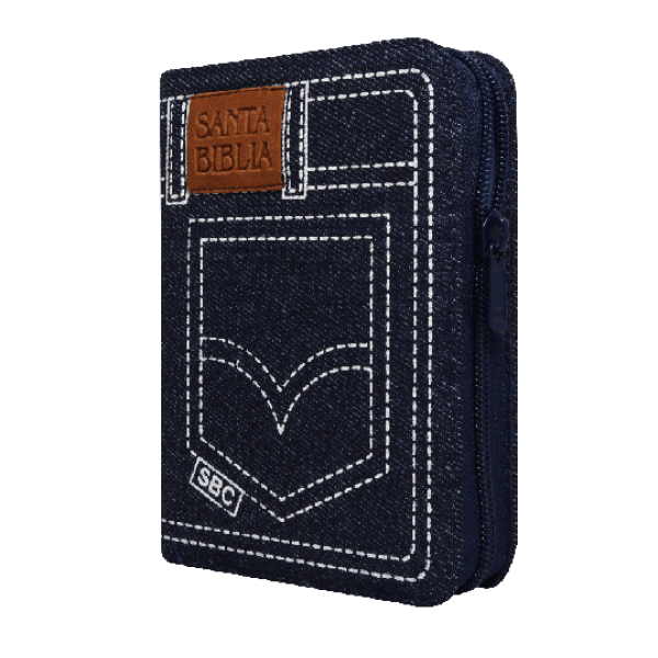 Biblia Reina Valera 1960 con cierre palabras de Jesús en rojo jean azul canto plateado