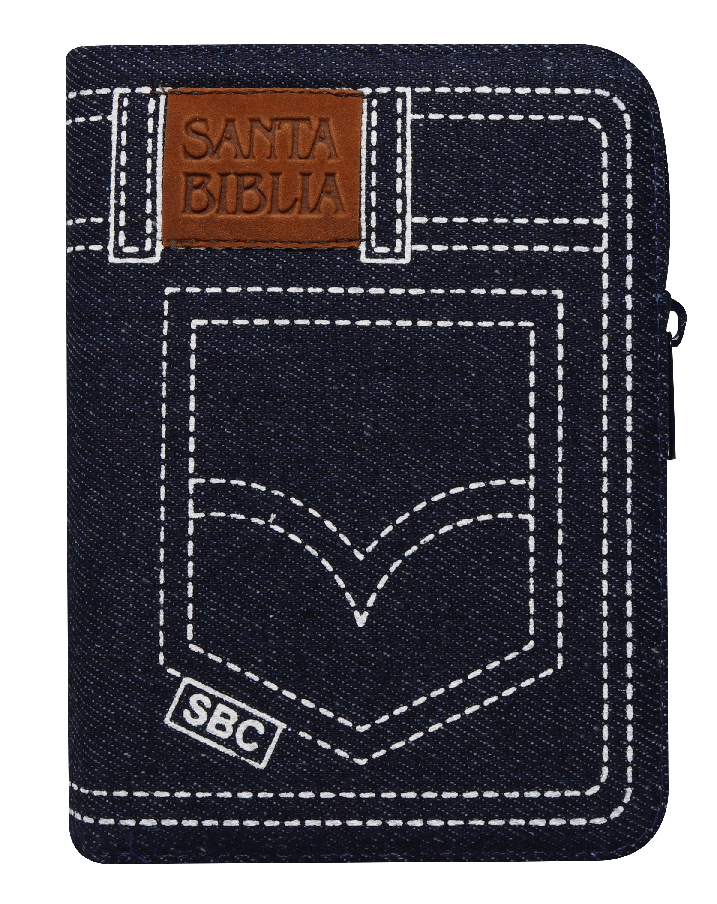 Biblia Reina Valera 1960 con cierre palabras de Jesús en rojo jean azul canto plateado