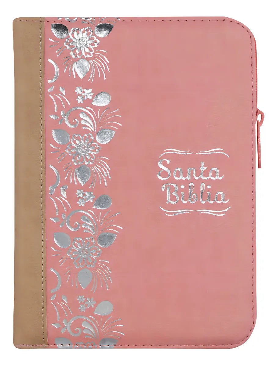 Biblia Reina Valera 1960 con cierre palabras de Jesús en rojo letra mediana rosa/beige canto plateado