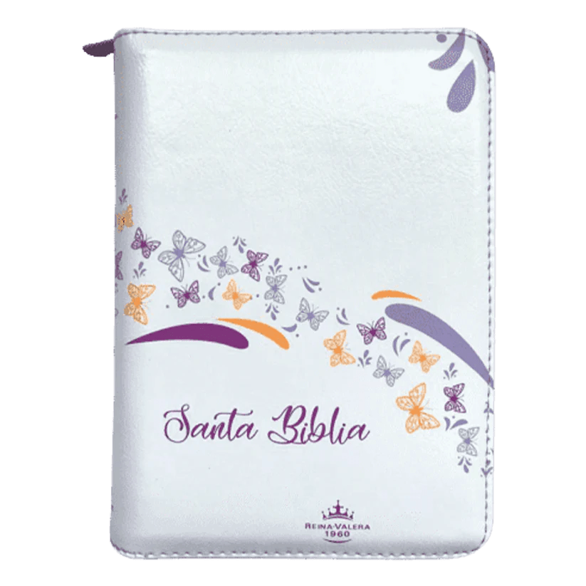 Biblia Reina Valera 1960 con cierre palabras de Jesús en rojo imitación piel lila canto blanco