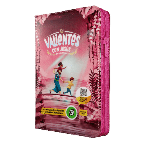 BIBLIA RVC062cZLGPJR L 12p 13x21 CONCORDACIA CIERRE PJR TAPA PLASTICA ROSA VALIENTES CON JESUS QR