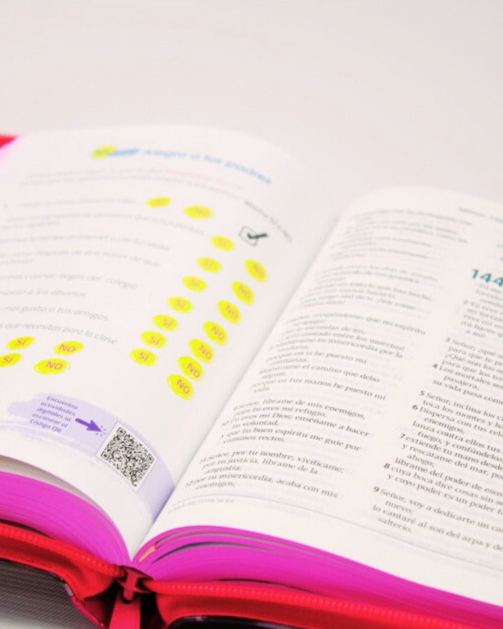 Biblia Reina Valera Contemporánea letra grande con cierre palabras de Jesús en rojo vinilo rosa canto rosa