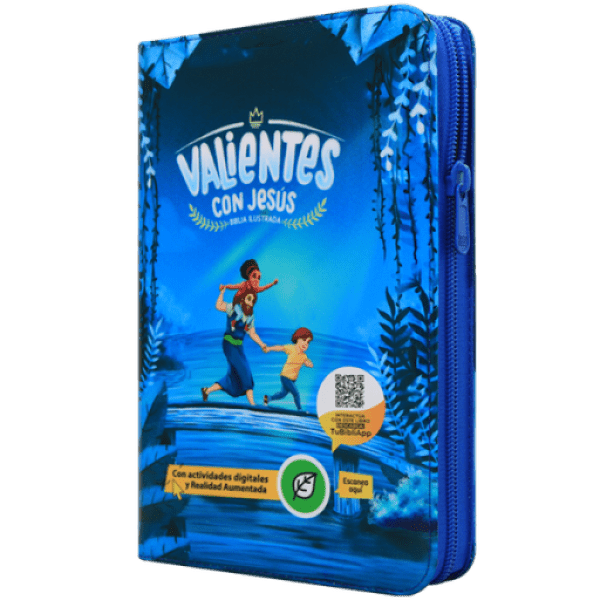 BIBLIA RVC062cZLGPJR L 12p 13x21 CONCORDACIA CIERRE PJR TAPA PLASTICA AZUL VALIENTES CON JESUS QR