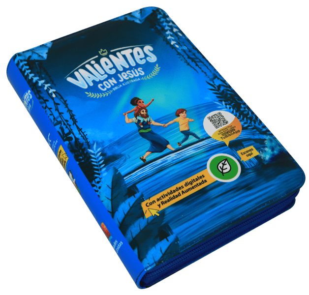 BIBLIA RVC062cZLGPJR L 12p 13x21 CONCORDACIA CIERRE PJR TAPA PLASTICA AZUL VALIENTES CON JESUS QR