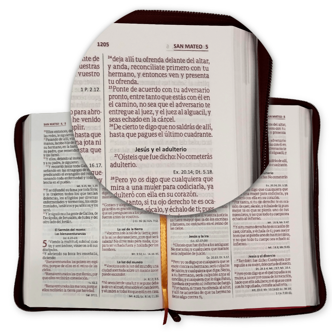 Biblia Reina Valera 1960 – 086 – Con Concordancia – Letra 12 pts – 17x23,5 cm – Palabras de Jesús en Rojo – Cierre – Tapa PU Naranja/Vino