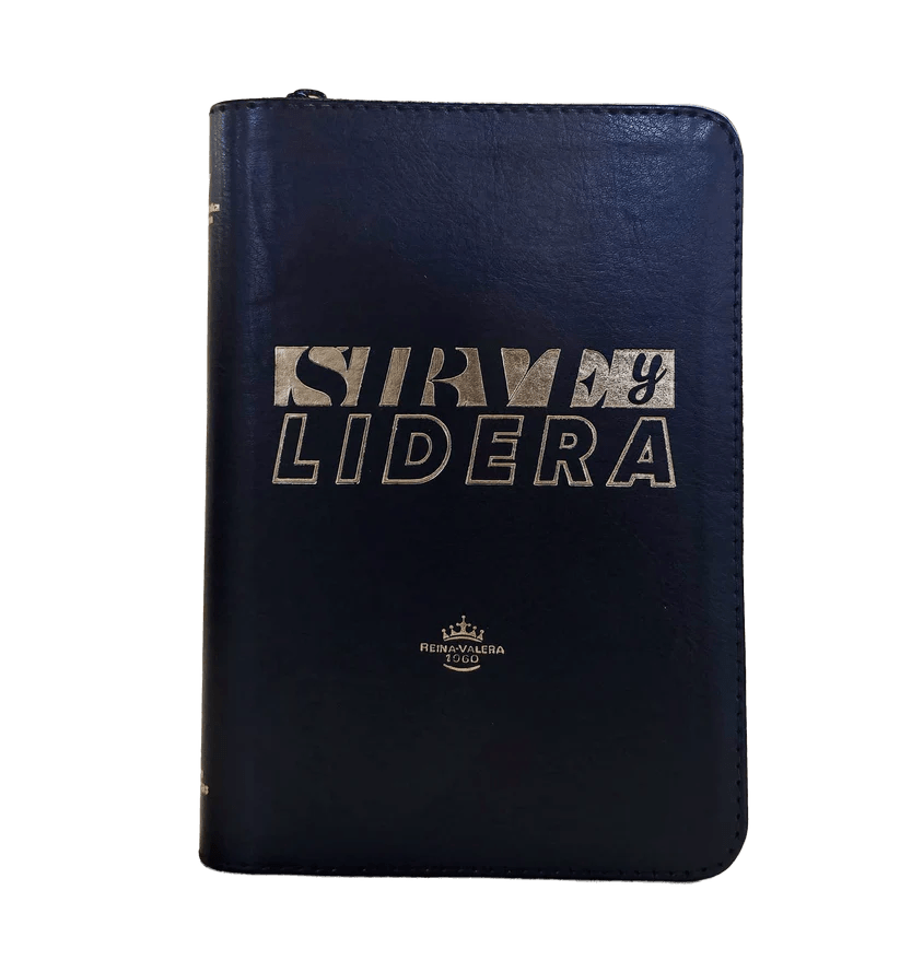 Biblia Reina Valera 1960 letra grande con cierre "Sirve y Lidera" negro canto plateado