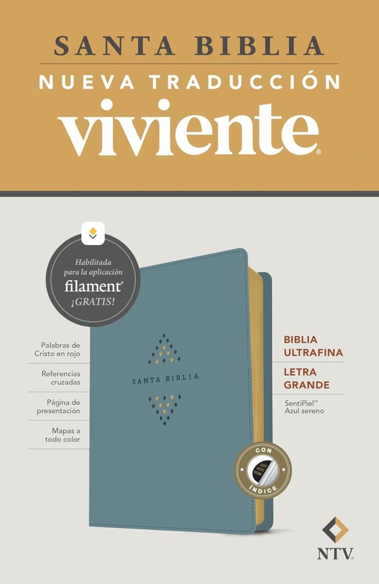 Biblia Nueva Traducción Viviente (NTV) Ultrafina, Letra 10 Pt, 16,5×24, Índice, Palabras De Jesús En Rojo, Tapa PU, Azul