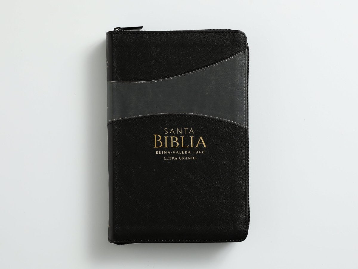 Biblia Reina Valera 1960 · 13,8x21,2 cm · Letra grande 12,5 pt · Con cierre · Diseño bitono negro y gris