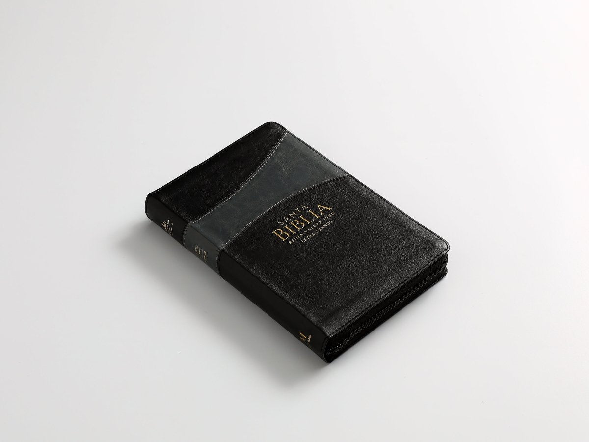 Biblia Reina Valera 1960 · 13,8x21,2 cm · Letra grande 12,5 pt · Con cierre · Diseño bitono negro y gris