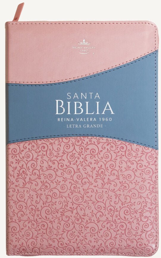 Biblia Reina Valera 1960 · 13,8x21,2 cm · Letra grande 12,5 pt · Con cierre e índice · Diseño bitono rosa y azul