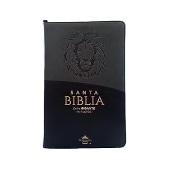 Biblia Reina Valera 1960 · 13,8x21,2 cm · Letra gigante 14 pt · Con cierre e índice · Diseño león negro y gris