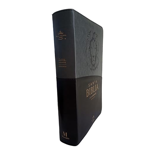 Biblia Reina Valera 1960 · 13,8x21,2 cm · Letra gigante 14 pt · Con cierre e índice · Diseño león negro y gris