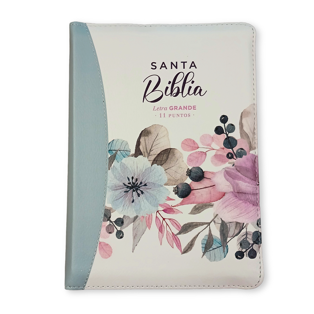 Biblia Reina Valera 1960 · 11x16,5 cm · Letra grande 11 pt · Con cierre · Colección Primaveral azul claro