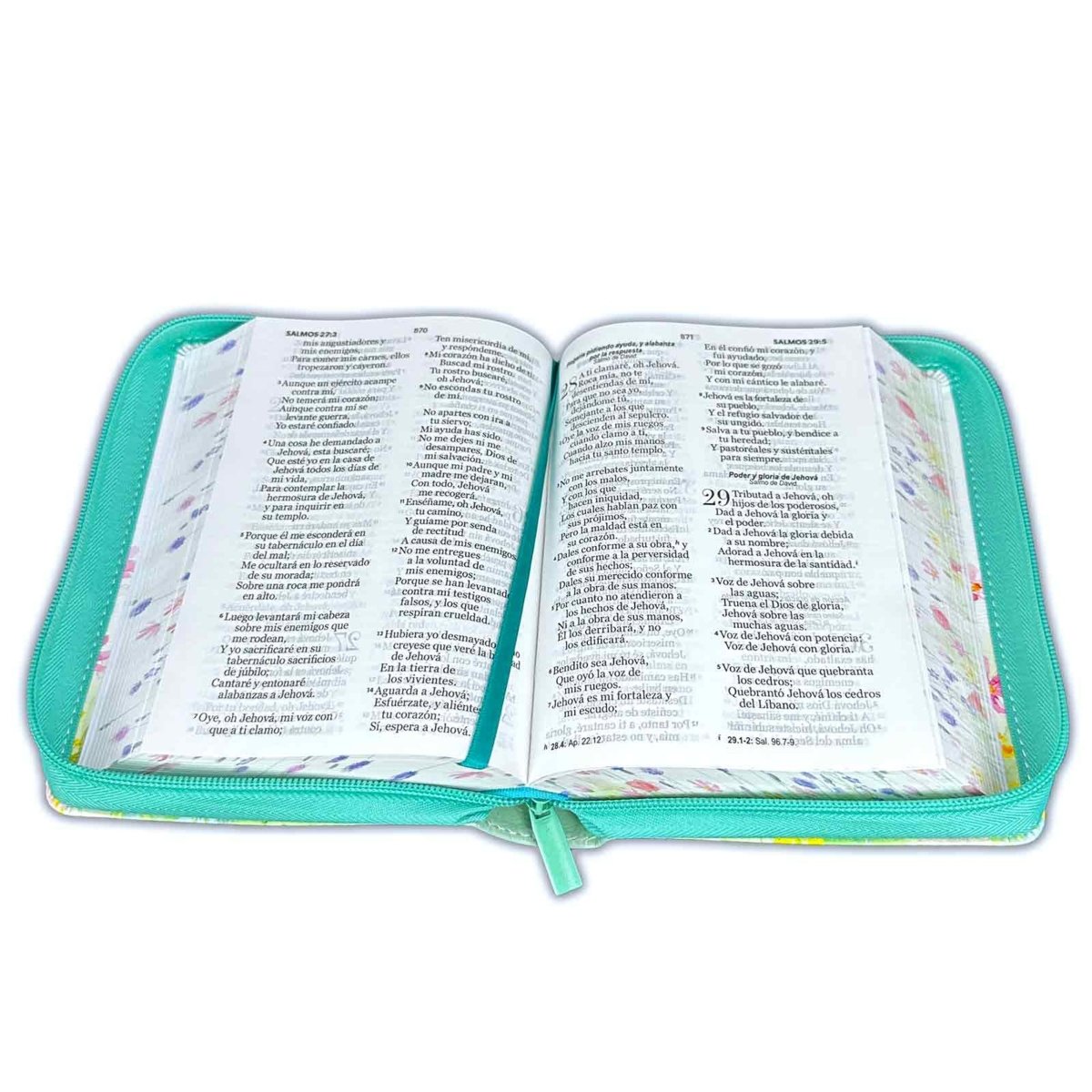 Biblia Reina Valera 1960 · 11x16,5 cm · Letra grande 11 pt · Con cierre · Colección Primaveral turquesa