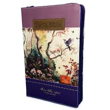 Biblia Reina Valera 1960 · 13,8x21,2 cm · Letra grande 12,5 pt · Con cierre e índice · Diseño tricolor fantasía lila y morado