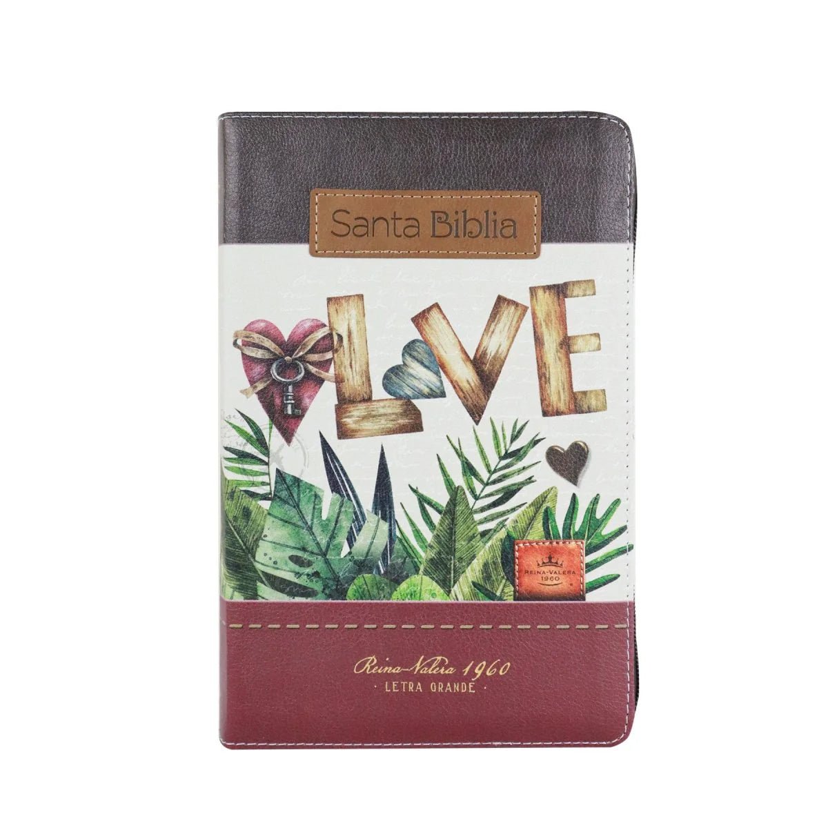 Biblia Reina Valera 1960 · 13,8x21,2 cm · Letra grande 12,5 pt · Con cierre e índice · Diseño tricolor fantasía marrón y grana