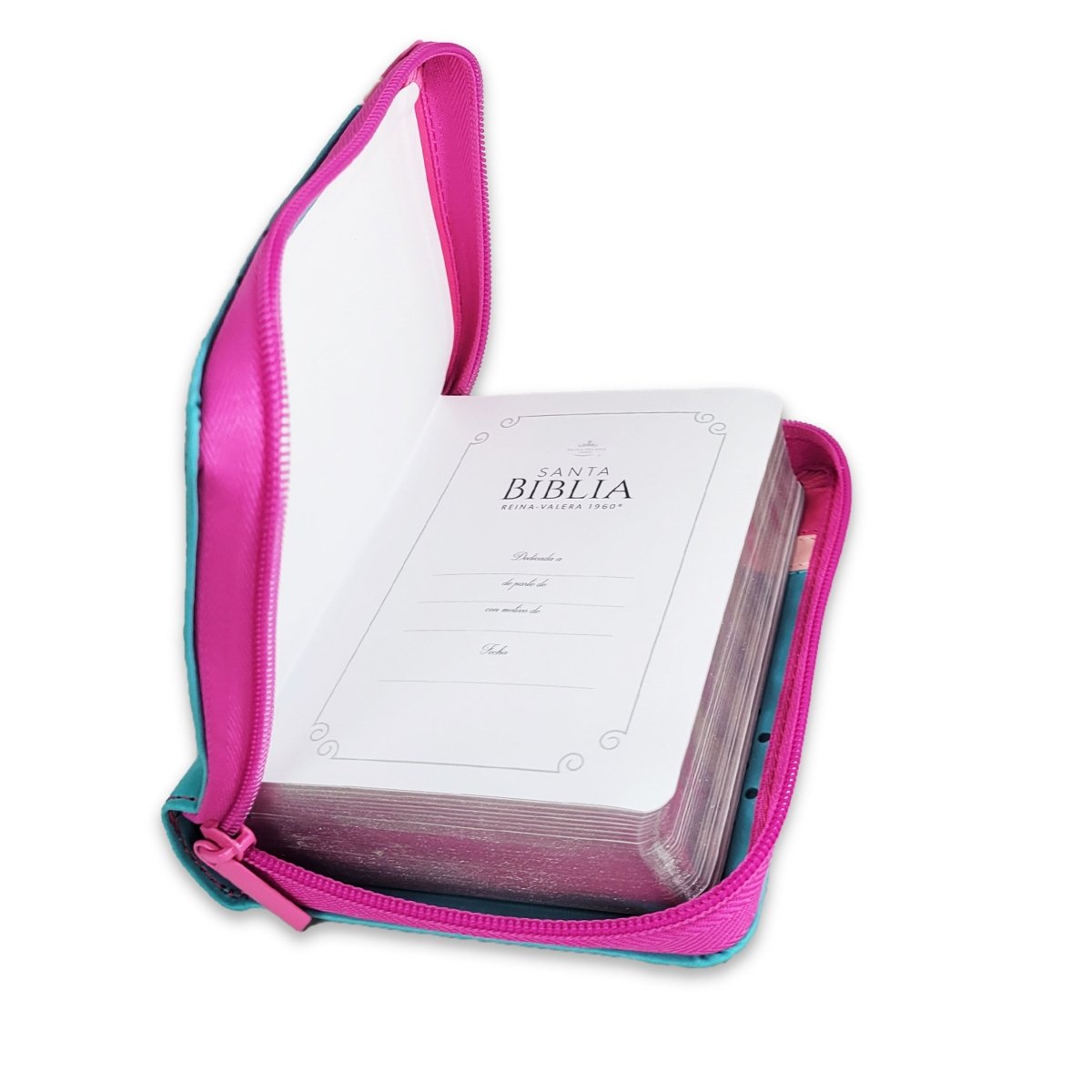 Biblia Reina Valera 1960 · 10x14 cm · Letra pequeña 8,5 pt · Con cierre · Tapa imitación piel · Colección Primor flores fucsia, rosa y turquesa