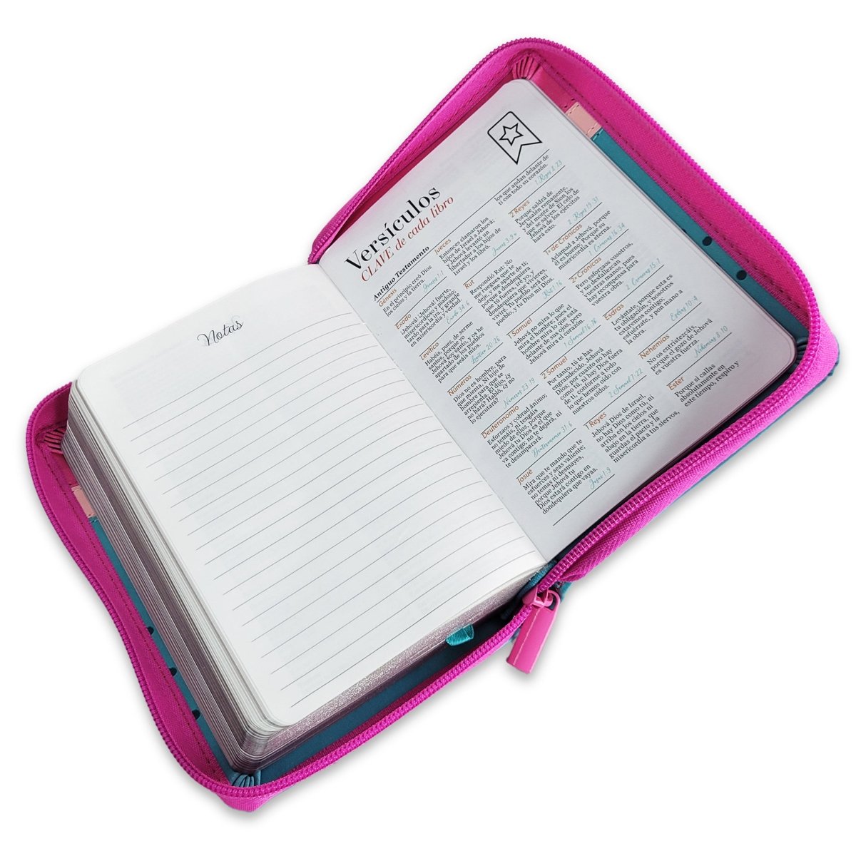 Biblia Reina Valera 1960 · 10x14 cm · Letra pequeña 8,5 pt · Con cierre · Tapa imitación piel · Colección Primor flores fucsia, rosa y turquesa
