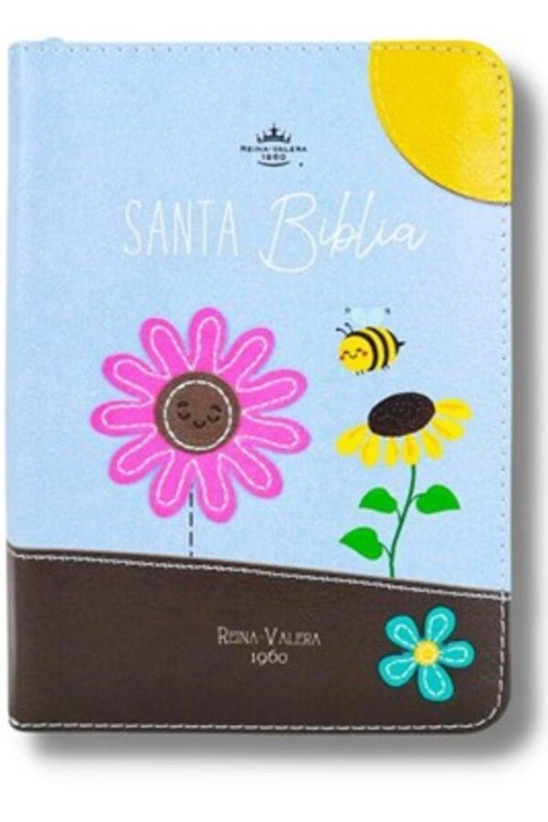 Biblia Reina Valera 1960 · 10x14 cm · Letra pequeña 8,5 pt · Con cierre · Tapa imitación piel · Colección Primor abejas en primavera café y azul
