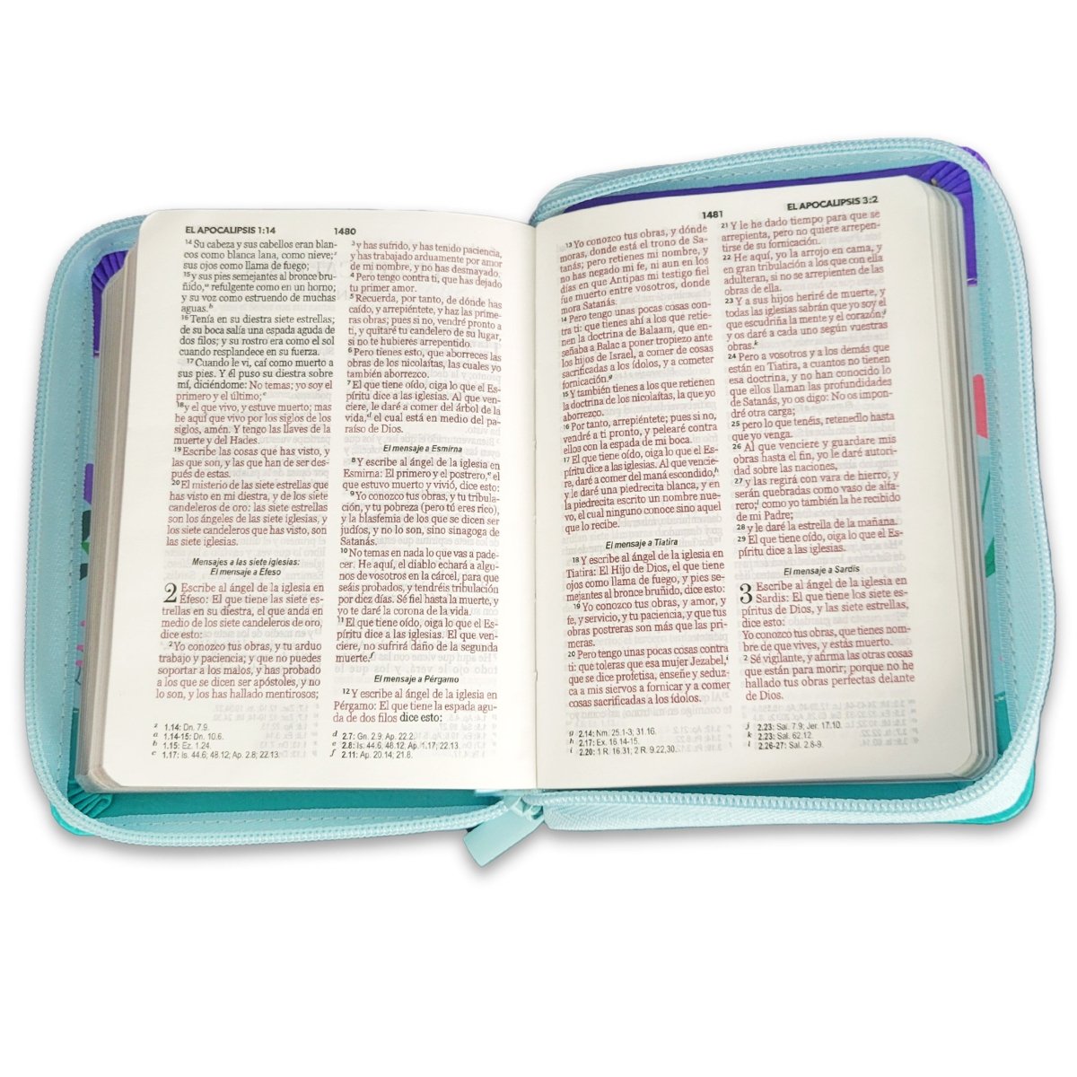 Biblia Reina Valera 1960 · 10x14 cm · Letra pequeña 8,5 pt · Con cierre · Tapa imitación piel · Colección Primor mariposa lila, azul y turquesa
