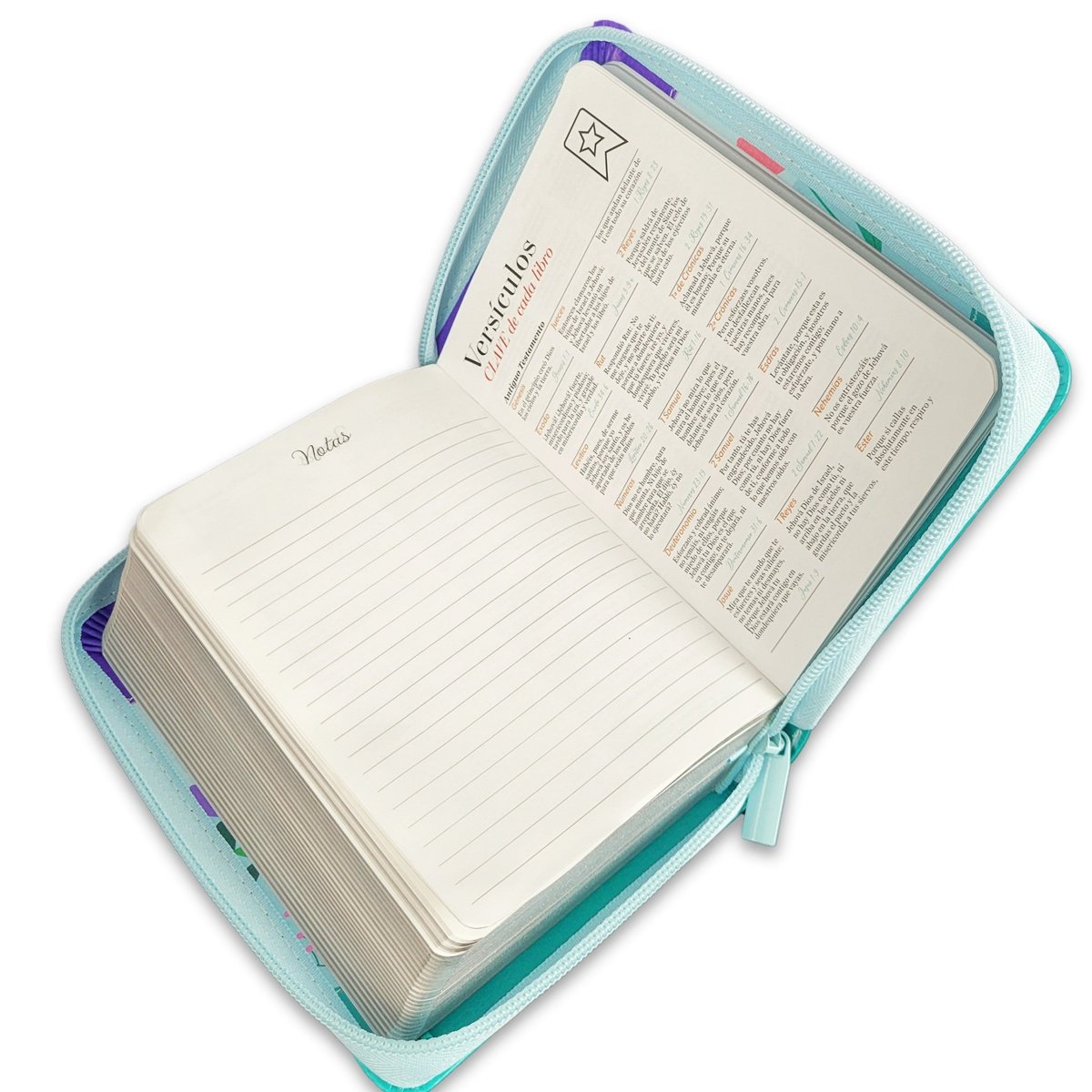 Biblia Reina Valera 1960 · 10x14 cm · Letra pequeña 8,5 pt · Con cierre · Tapa imitación piel · Colección Primor mariposa lila, azul y turquesa
