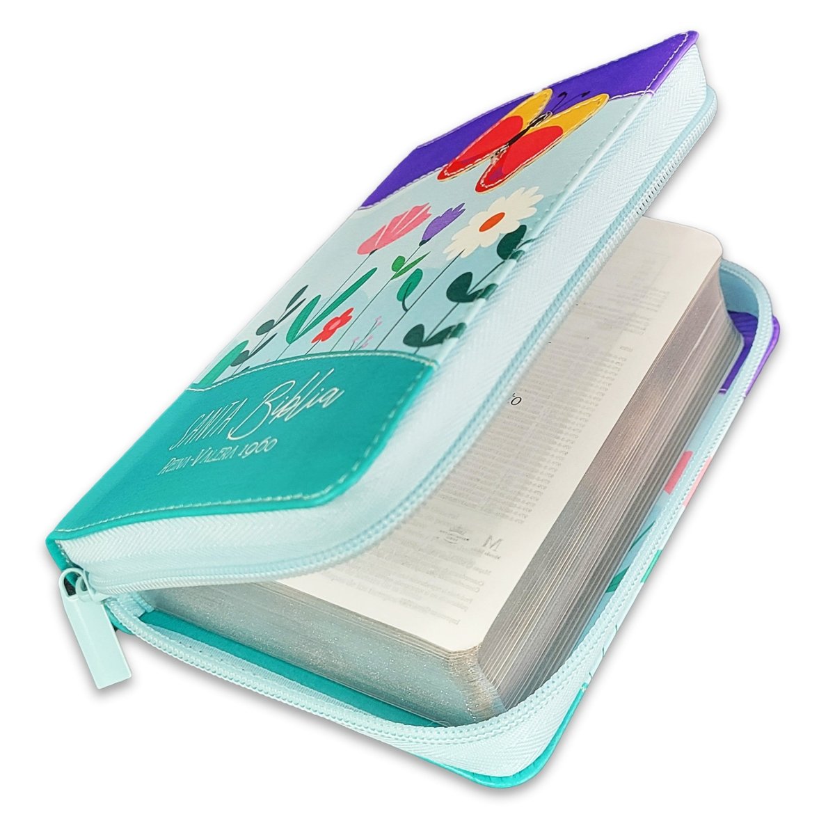 Biblia Reina Valera 1960 · 10x14 cm · Letra pequeña 8,5 pt · Con cierre · Tapa imitación piel · Colección Primor mariposa lila, azul y turquesa