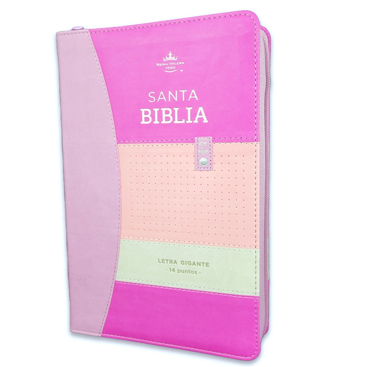 Biblia Reina Valera 1960 · 13,8x21,2 cm · Letra gigante 14 pt · Con cierre e índice · Colección Iconic lila, rosa y morado