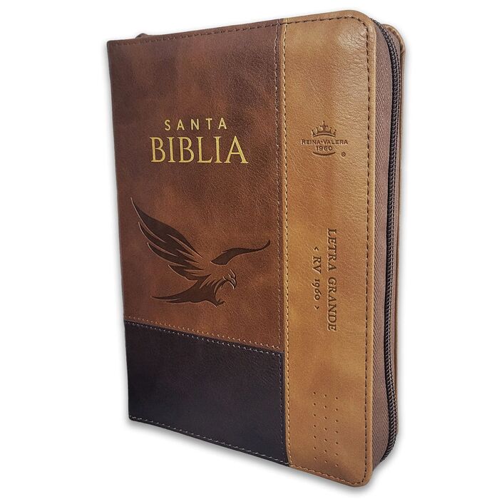 Biblia Reina Valera 1960 · 11x16 cm · Letra 12 pt · Piel tricolor con cierre e índice · Diseño águila café