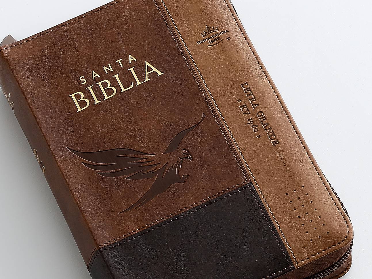 Biblia Reina Valera 1960 · 11x16 cm · Letra 12 pt · Piel tricolor con cierre e índice · Diseño águila café