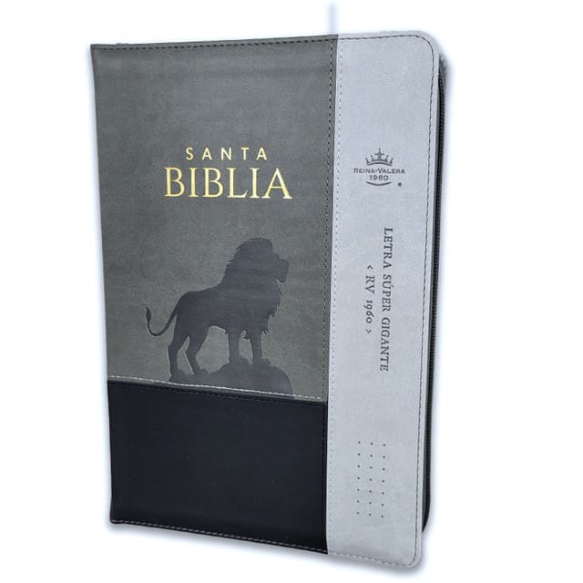 Biblia Reina Valera 1960 · 15,8x23,5 cm · Letra súper gigante 19 pt · Con cierre e índice · Colección Inspiración león negro y gris