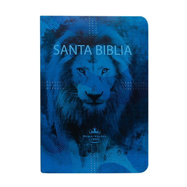 Biblia Reina Valera 1960 – Tapa Vinilo León Celeste y Azul, Concordancia, Palabras de Jesús en Rojo, 14 x 22 cm, Letra 12 Puntos