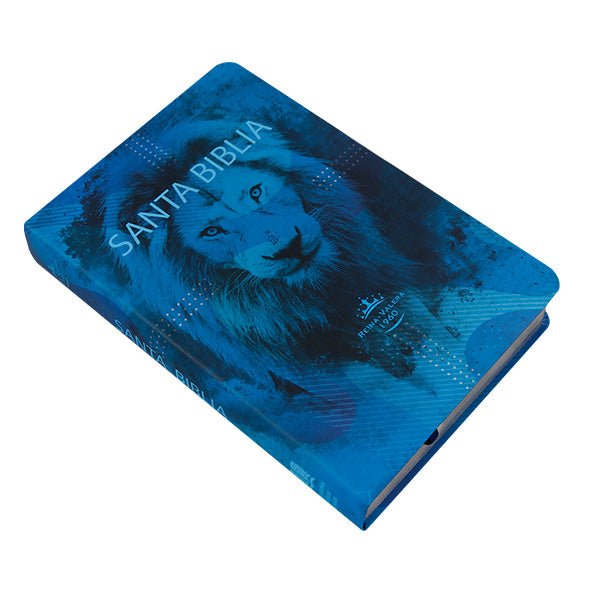 Biblia Reina Valera 1960 – Tapa Vinilo León Celeste y Azul, Concordancia, Palabras de Jesús en Rojo, 14 x 22 cm, Letra 12 Puntos
